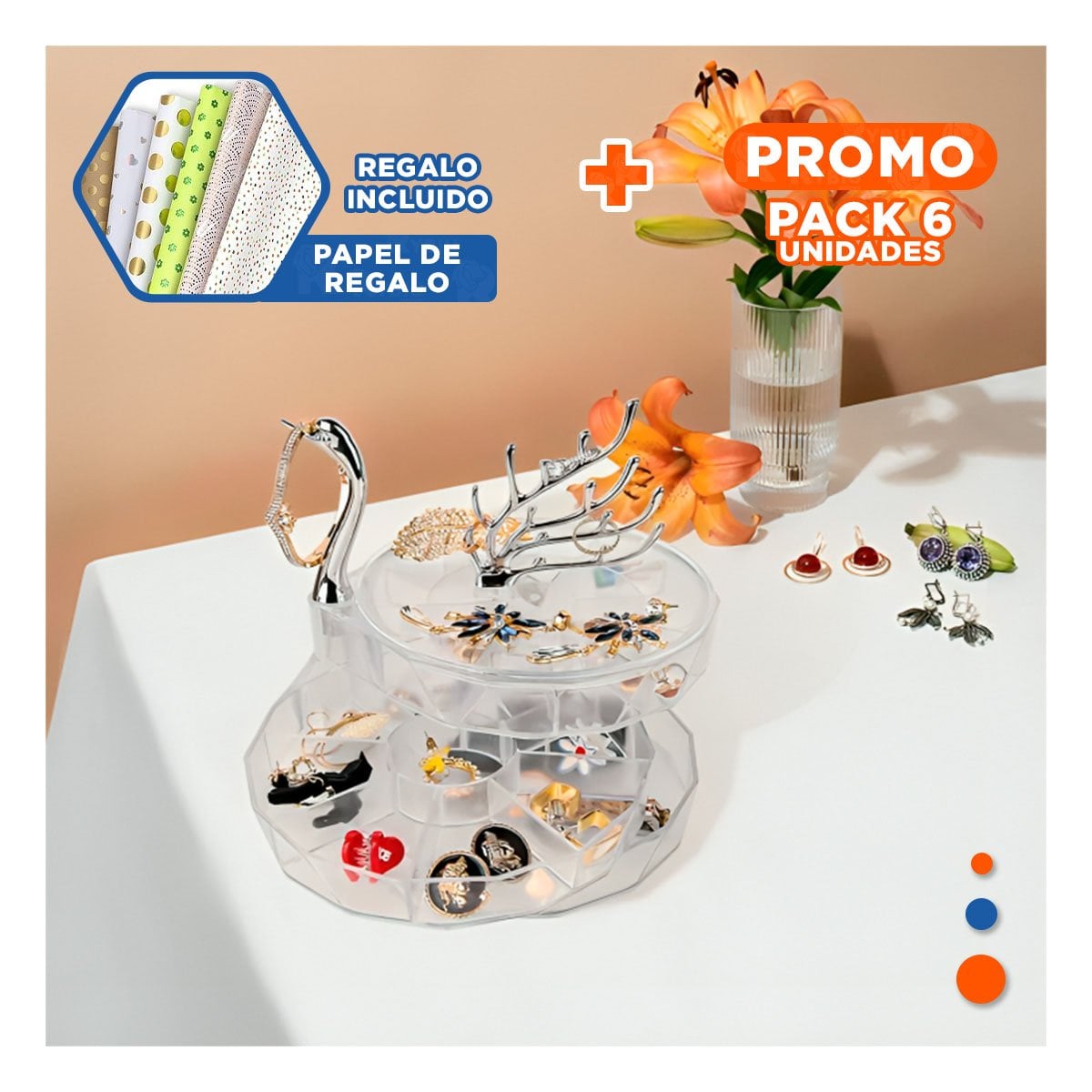 PACK6 ESTANTE ACRILICO 3 NIVELES TRANSPARENTE FACIL DE LIMPIAR Y MANTENER Y+PAPEL REGALO - 1