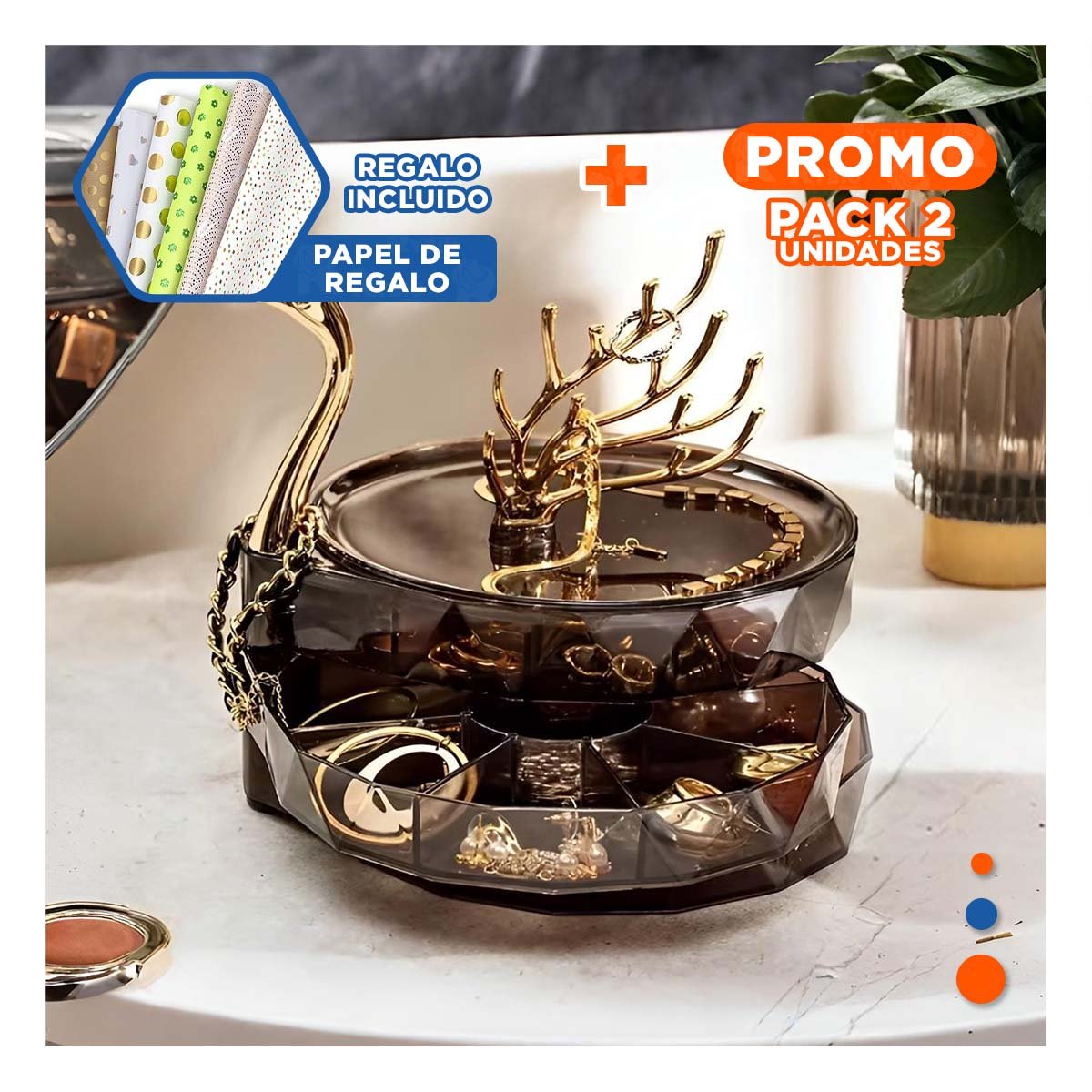 PACK2 JOYERO 3 NIVELES MARRON TRANSPARENTE COMPACTO Y FUNCIONAL Y+PAPEL REGALO - 1
