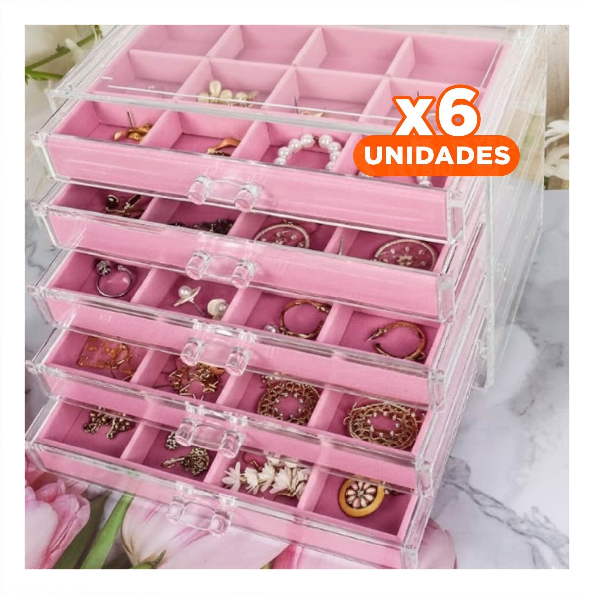 PACK6 SOPORTE ORGANIZADOR 5 NIVELES ROSADO TERCIOPELO Y ACRILICO SUAVE Y+REGALO STICKER - 1