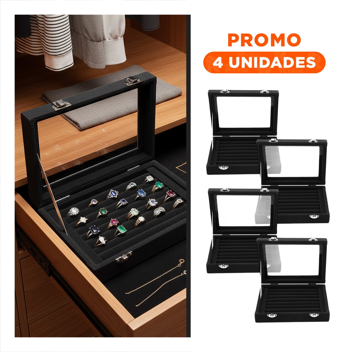 PACK4 BANDEJA MODERNA DE 7 RANURAS PARA ANILLOS NEGRO CON SEPARADORES Y+REGALO STICKER - 1