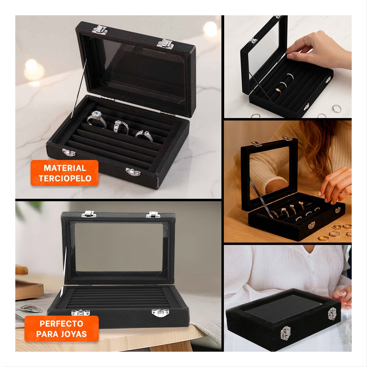 PACK4 BANDEJA MODERNA DE 7 RANURAS PARA ANILLOS NEGRO CON SEPARADORES Y+REGALO STICKER - 2