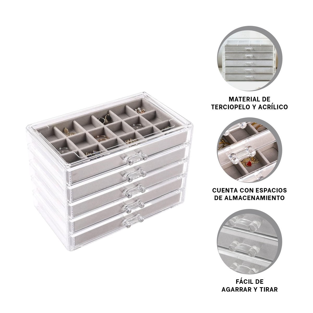 ORGANIZADOR 5 NIVELES PLOMO DE TERCIOPELO Y ACRILICO PARA COLLARES Y PULSERAS - 3
