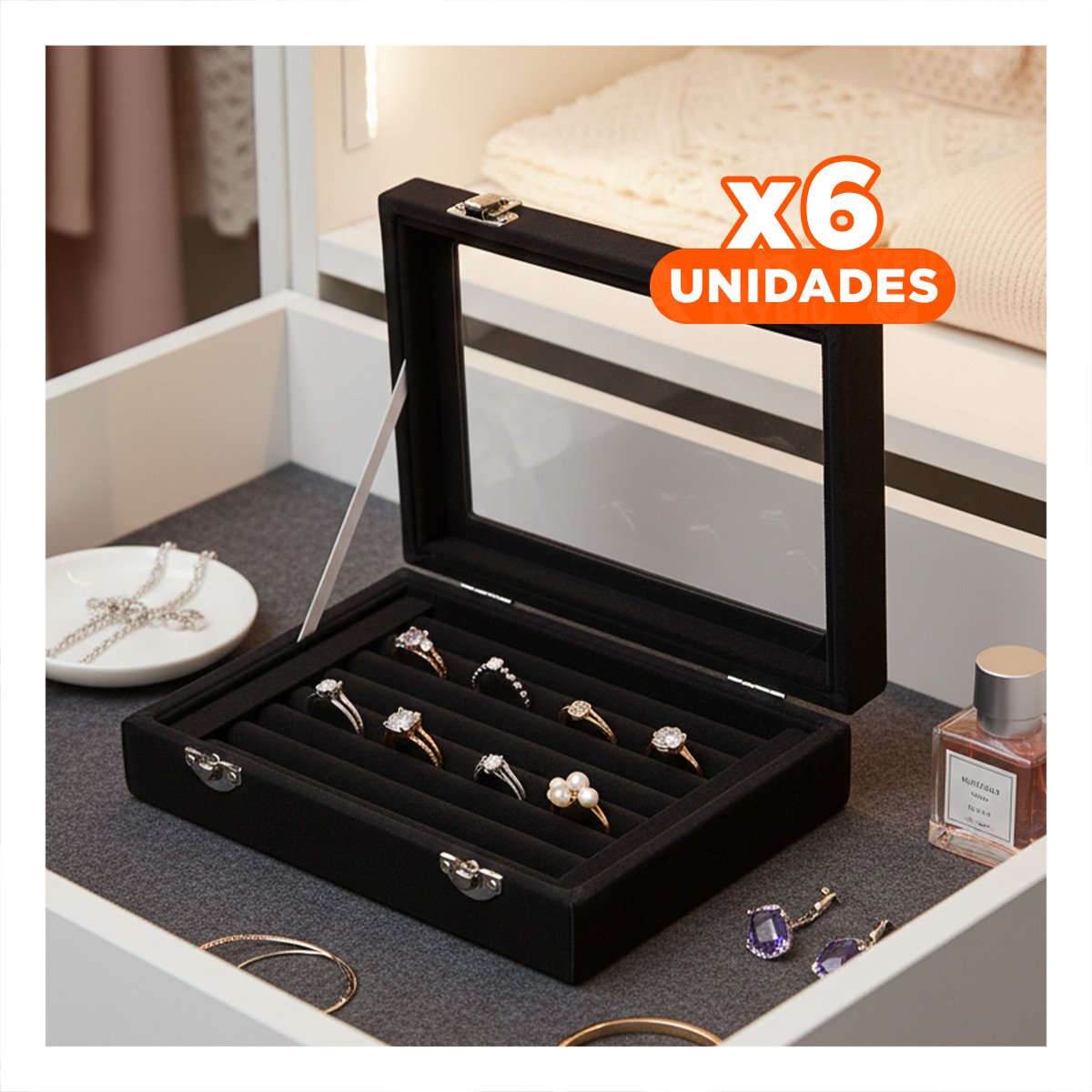 PACK6 DISPLAY ELEGANTE DE 7 RANURAS PARA ANILLOS NEGRO CON SEPARADORES Y+REGALO STICKER - 1