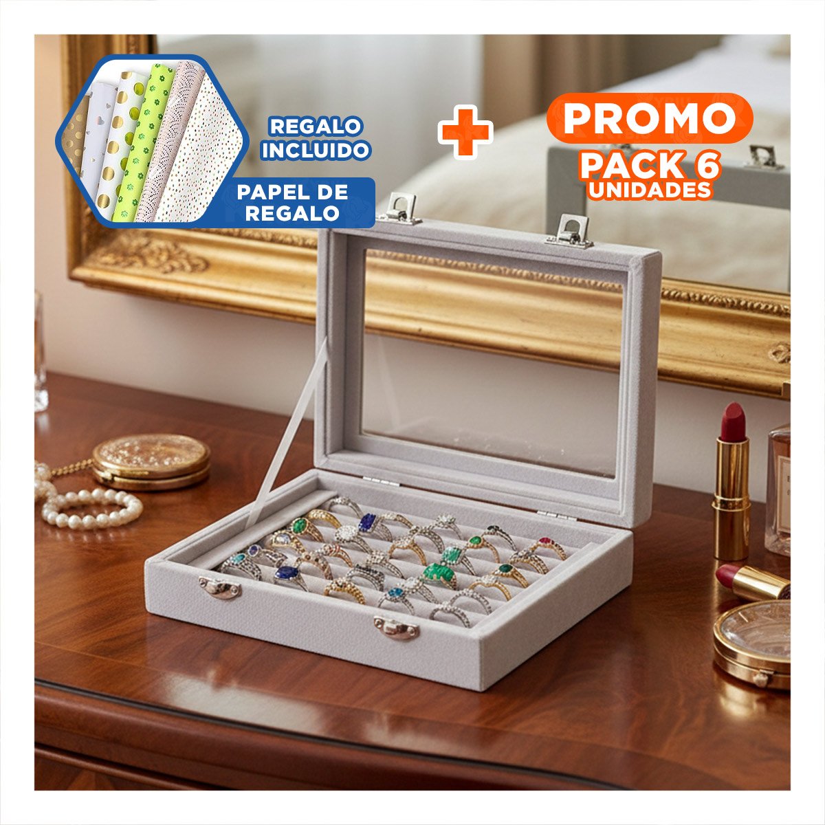 PACK6 BANDEJA FUNCIONAL DE 7 RANURAS PARA ANILLOS PLOMO CON TAPA DESLIZANTE Y+PAPEL REGALO - 1