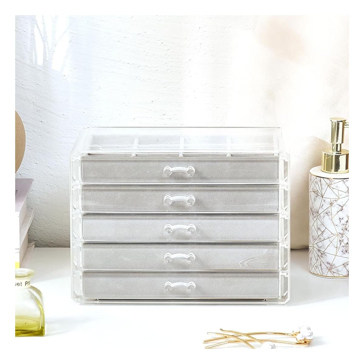 ORGANIZADOR 5 NIVELES PLOMO DE TERCIOPELO Y ACRILICO PARA GUARDAR JOYERIA SEGURA Y+POST IT - 2