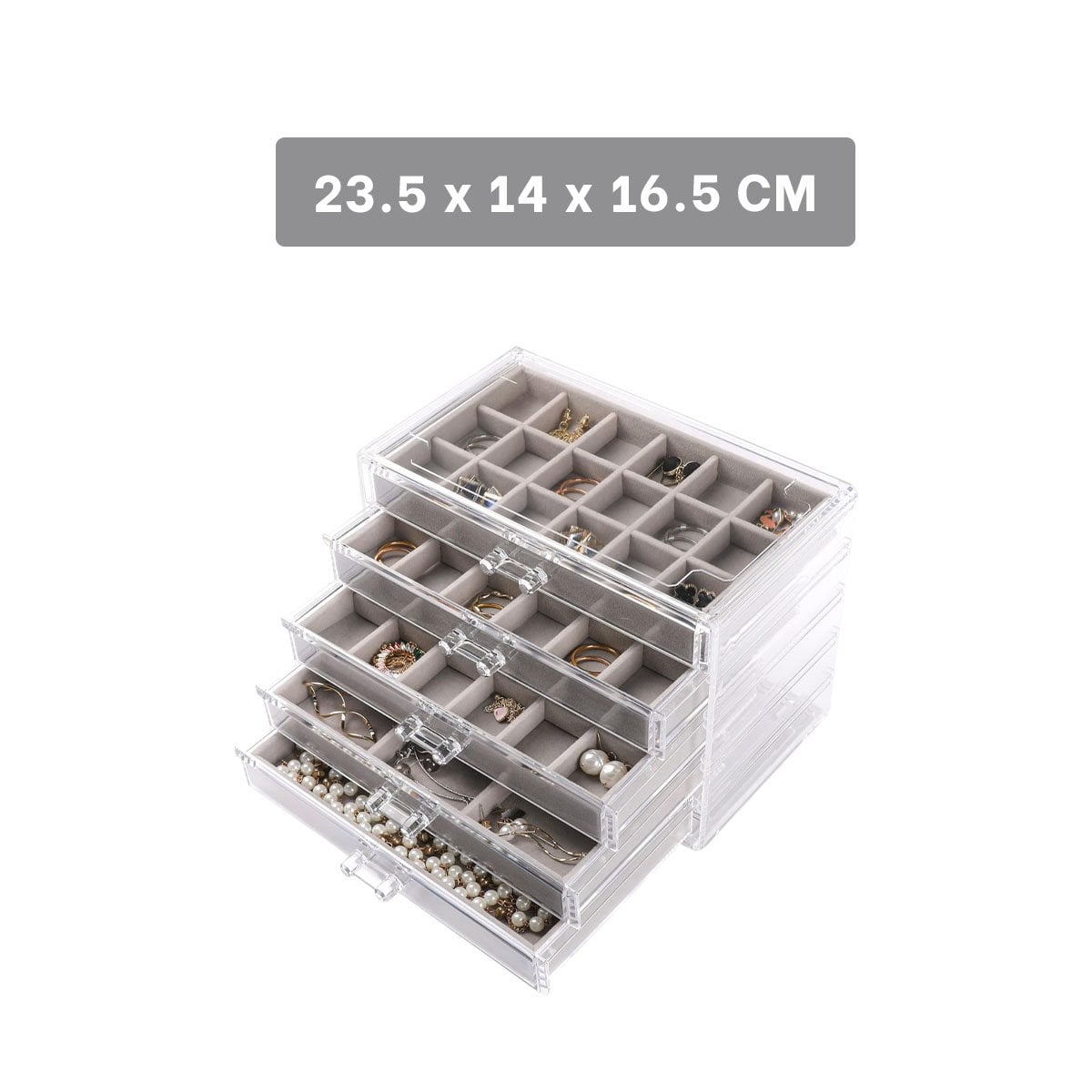 ORGANIZADOR 5 NIVELES PLOMO DE TERCIOPELO Y ACRILICO PARA GUARDAR JOYERIA SEGURA Y+POST IT - 4