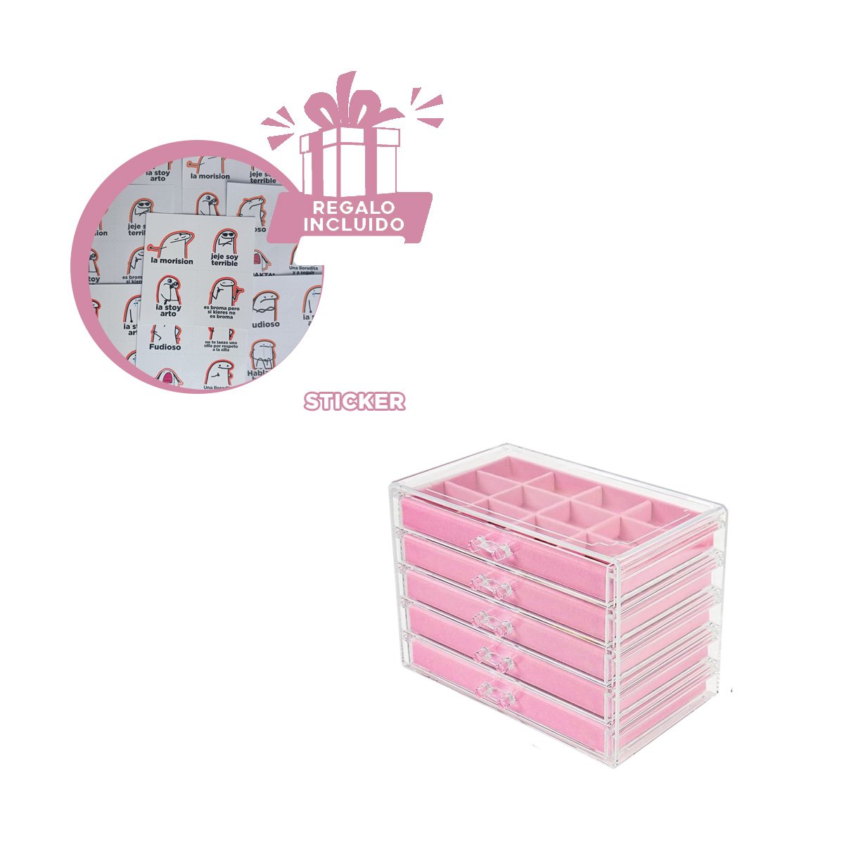 ORGANIZADOR 5 NIVELES ROSADO DE TERCIOPELO Y ACRILICO QUE CUIDA Y EXHIBE JOYAS Y+REGALO STICKER - 1