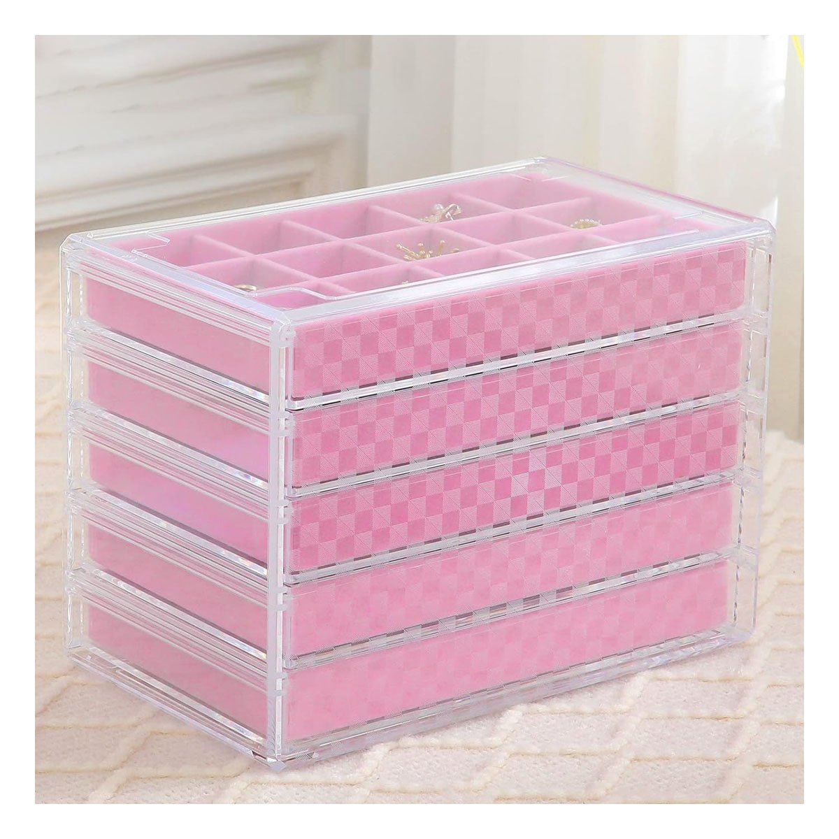 ORGANIZADOR 5 NIVELES ROSADO DE TERCIOPELO Y ACRILICO QUE CUIDA Y EXHIBE JOYAS Y+REGALO STICKER - 2