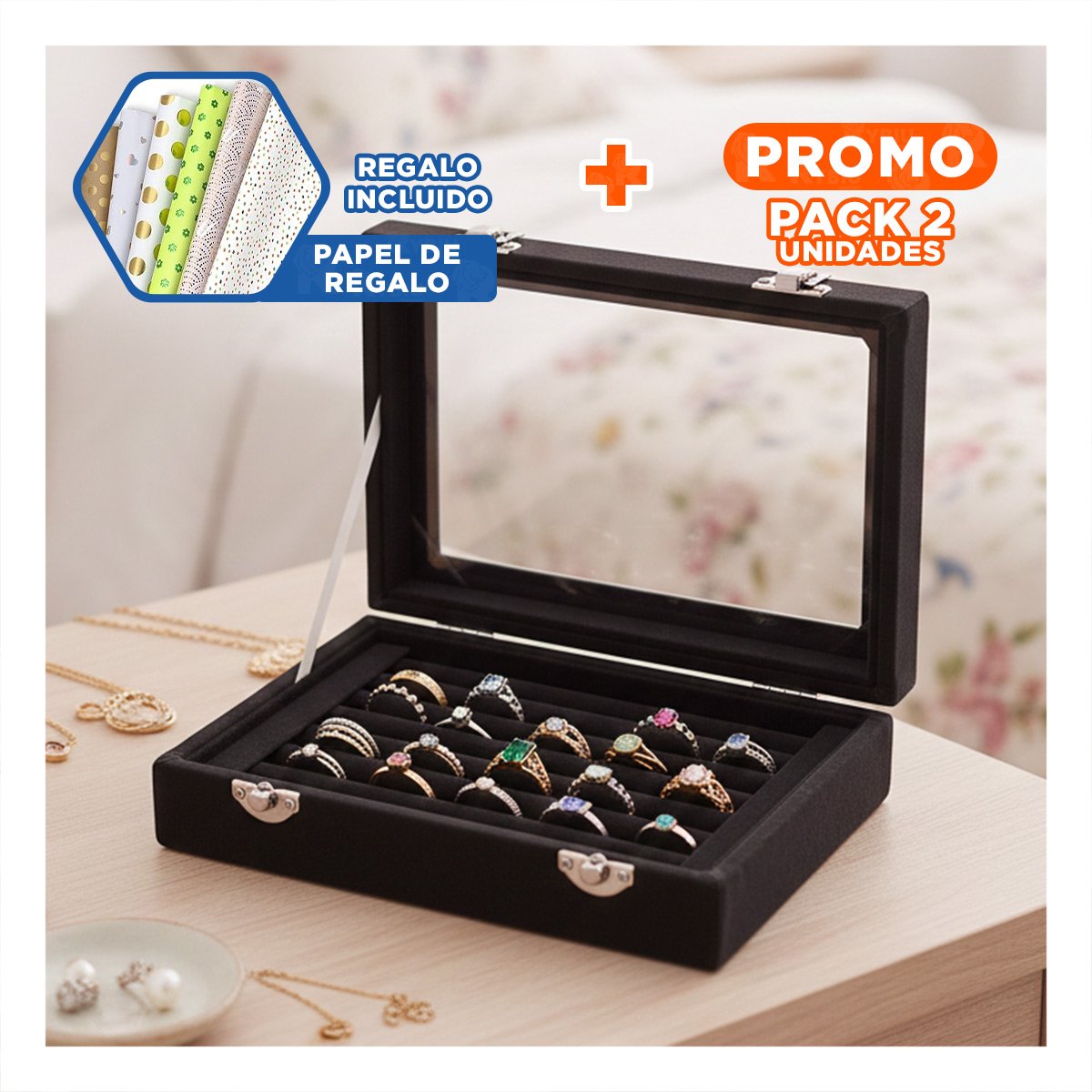 PACK2 COFRE RESISTENTE DE 7 RANURAS PARA ANILLOS NEGRO CON SEPARADORES Y+PAPEL REGALO - 1