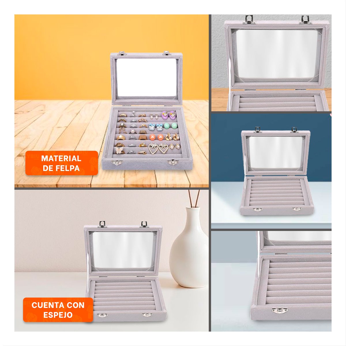 CAJA ELEGANTE DE 7 RANURAS PARA ANILLOS PLOMO CON COMPARTIMENTOS REMOVIBLES - 5