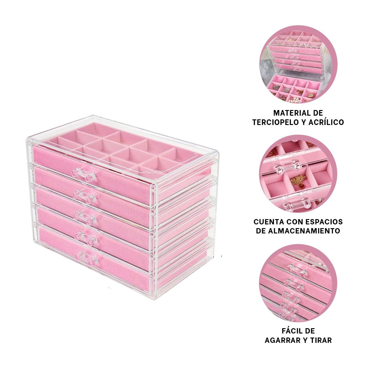 ORGANIZADOR 5 NIVELES ROSADO DE TERCIOPELO Y ACRILICO PARA COLLARES Y PULSERAS - 3