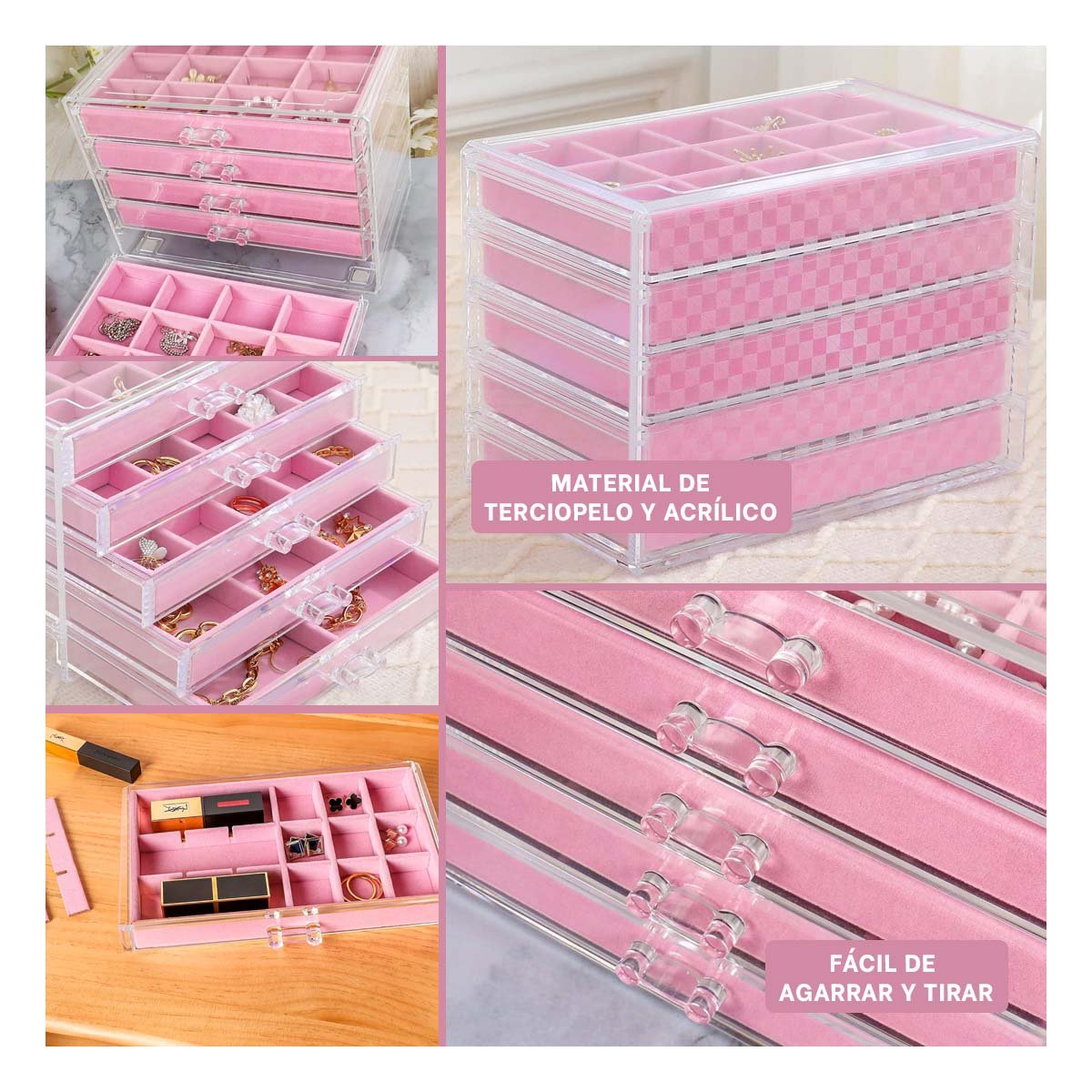 ORGANIZADOR 5 NIVELES ROSADO DE TERCIOPELO Y ACRILICO PARA COLLARES Y PULSERAS - 5