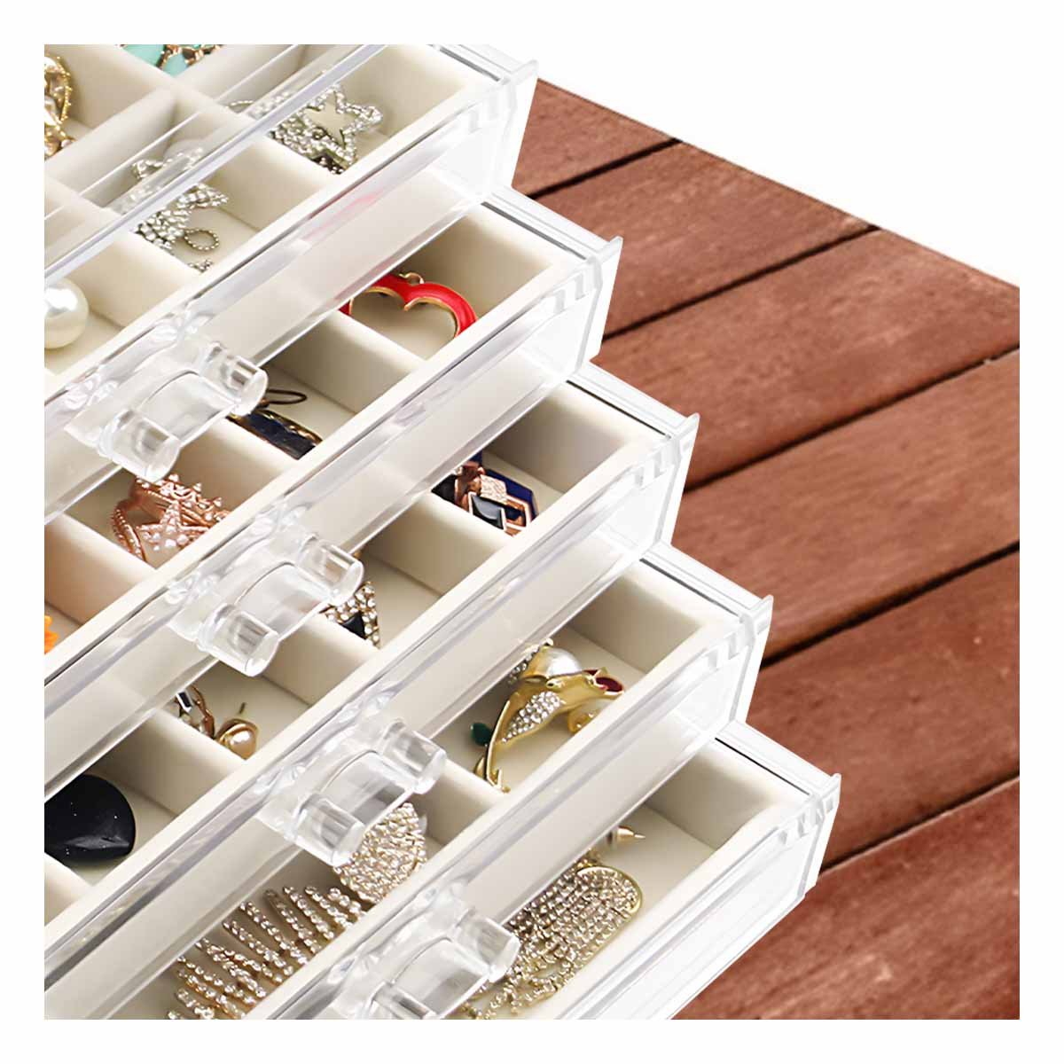 ORGANIZADOR 5 NIVELES TERCIOPELO Y ACRILICO BEIGE FACIL DE COLOCAR Y MANTENER Y+PAPEL REGALO - 2