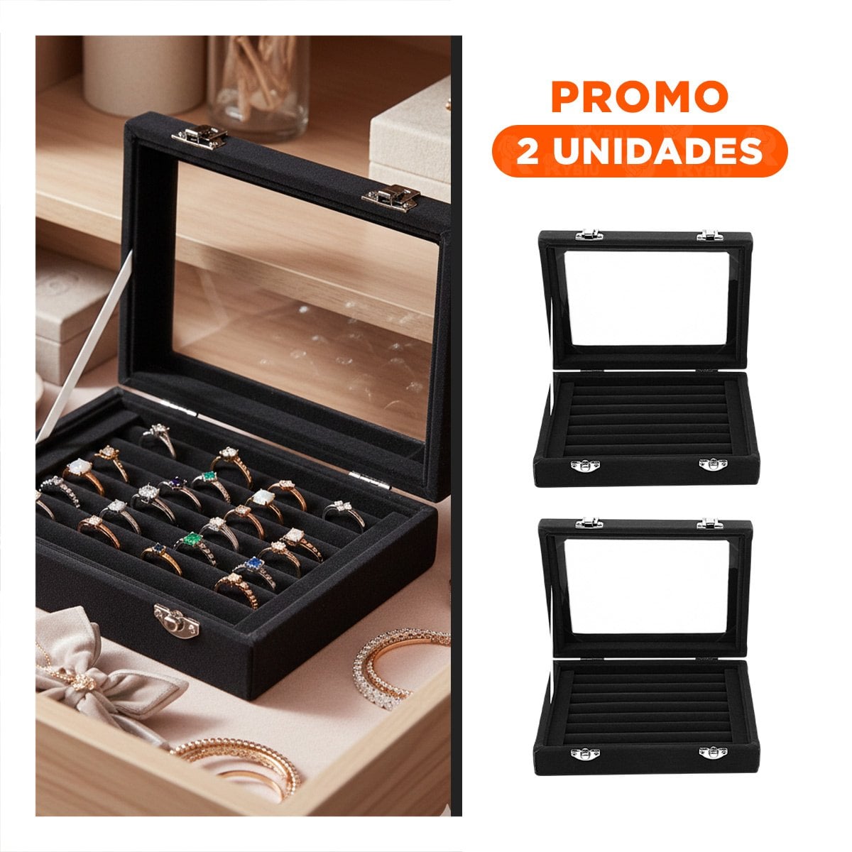 PACK2 COFRE MODERNO DE 7 RANURAS PARA ANILLOS NEGRO CON BASE ANTIDESLIZANTE - 1