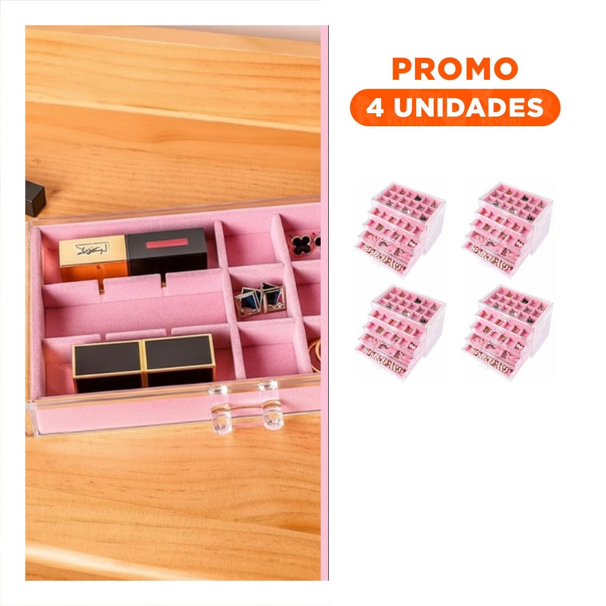 PACK4 SOPORTE ORGANIZADOR 5 NIVELES ROSADO DE TERCIOPELO Y ACRILICO PARA JOYAS Y+REGALO STICKER - 1
