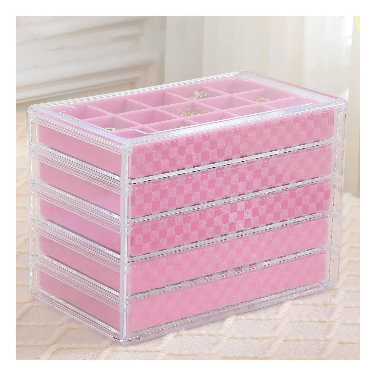 PACK4 SOPORTE ORGANIZADOR 5 NIVELES ROSADO DE TERCIOPELO Y ACRILICO PARA JOYAS Y+REGALO STICKER - 5