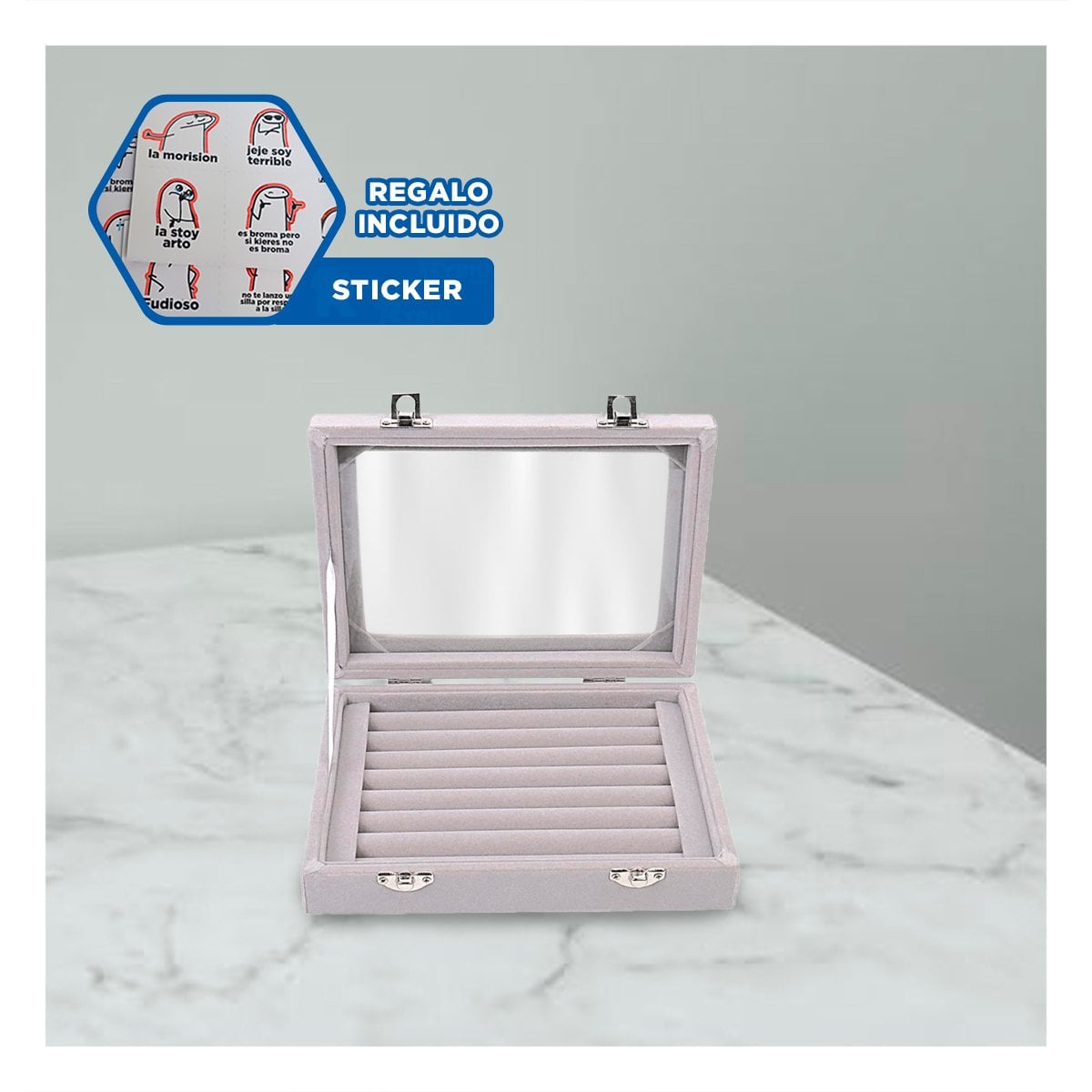 CAJA MODERNA DE 7 RANURAS PARA ANILLOS PLOMO CON INTERIOR SUAVE Y ACOLCHADO Y+REGALO STICKER - 1