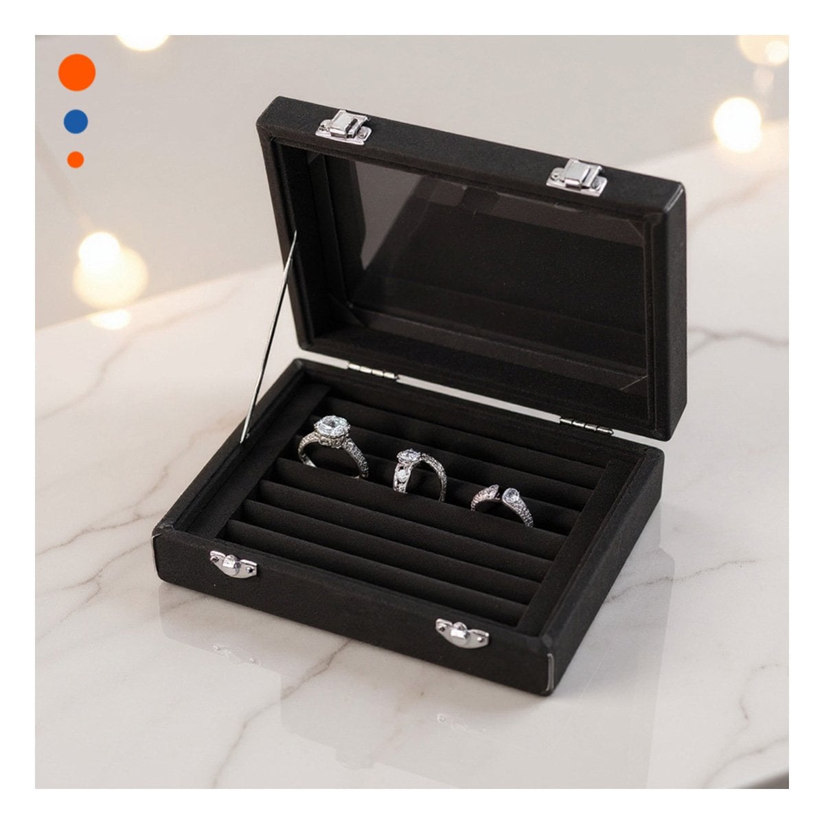 CAJA MODERNA DE 7 RANURAS PARA ANILLOS NEGRO CON INTERIOR SUAVE Y ACOLCHADO Y+REGALO STICKER - 2