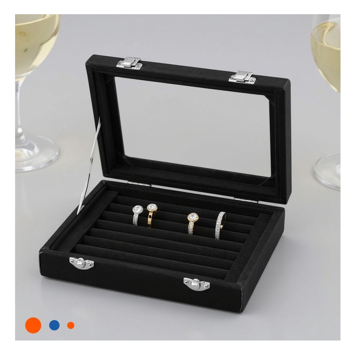 CAJA MODERNA DE 7 RANURAS PARA ANILLOS NEGRO CON INTERIOR SUAVE Y ACOLCHADO Y+REGALO STICKER - 5