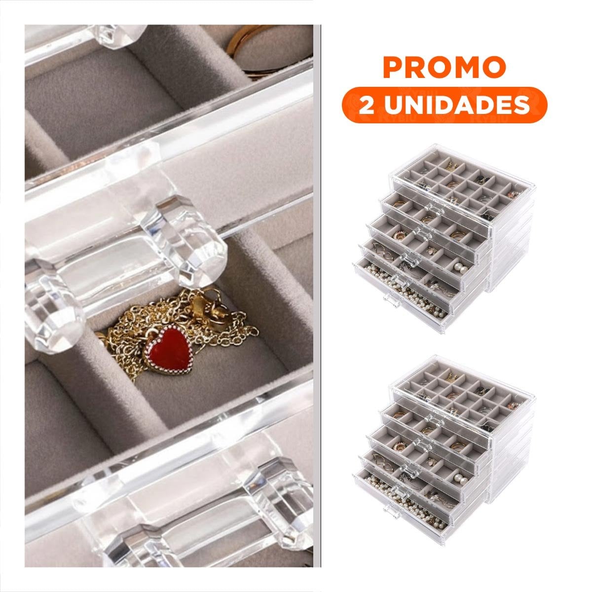 PACK2 CAJA 5 NIVELES PLOMO TERCIOPELO Y ACRILICO QUE MANTIENE JOYERIA PROTEGIDA - 1
