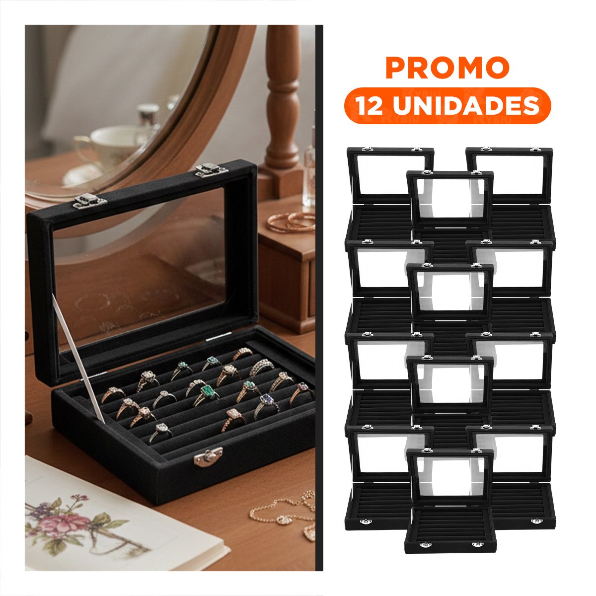 PACK12 DISPLAY RESISTENTE DE 7 RANURAS PARA ANILLOS NEGRO CON ESPACIOS Y+REGALO STICKER - 1