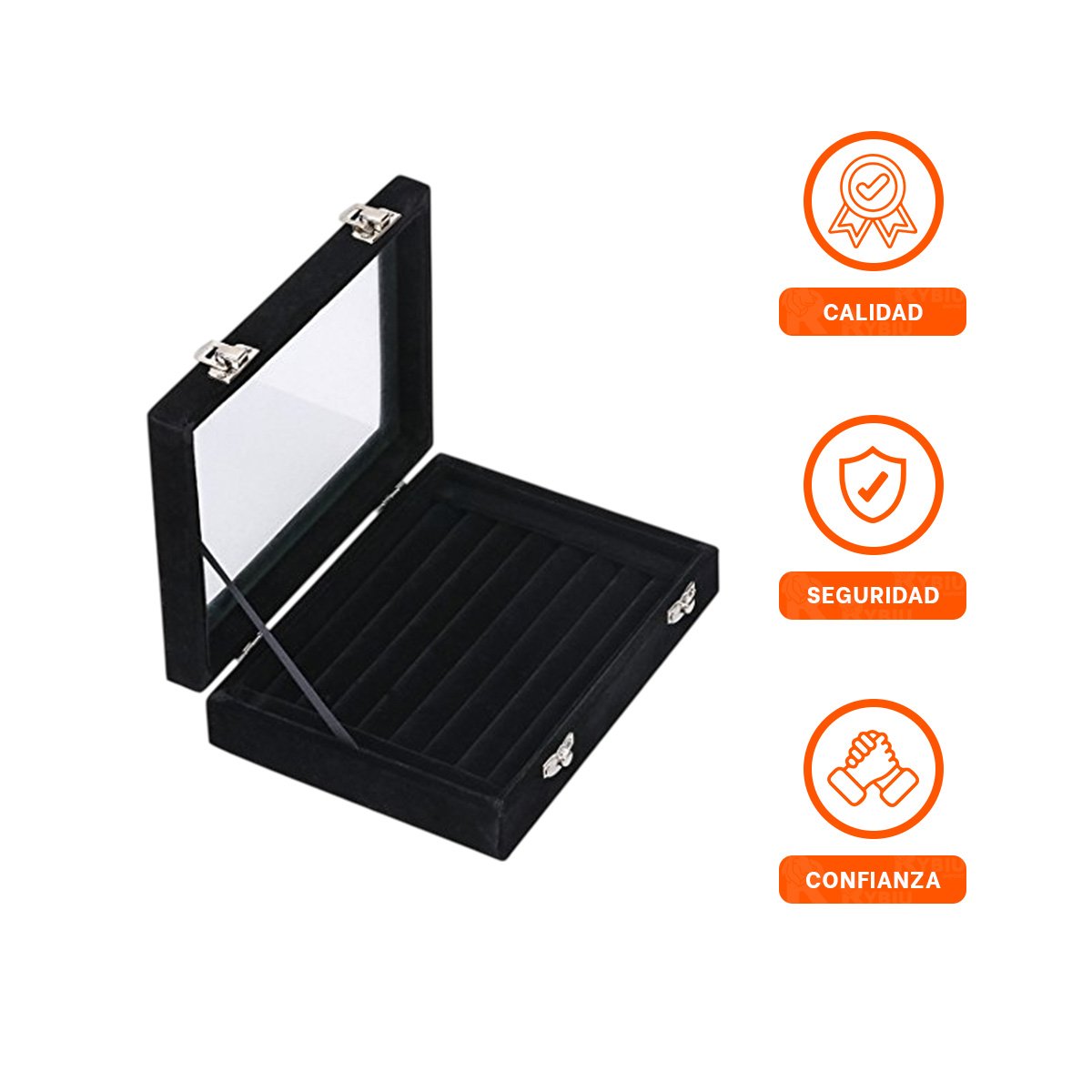 CAJA ELEGANTE DE 7 RANURAS PARA ANILLOS NEGRO CON COMPARTIMENTOS REMOVIBLES - 3