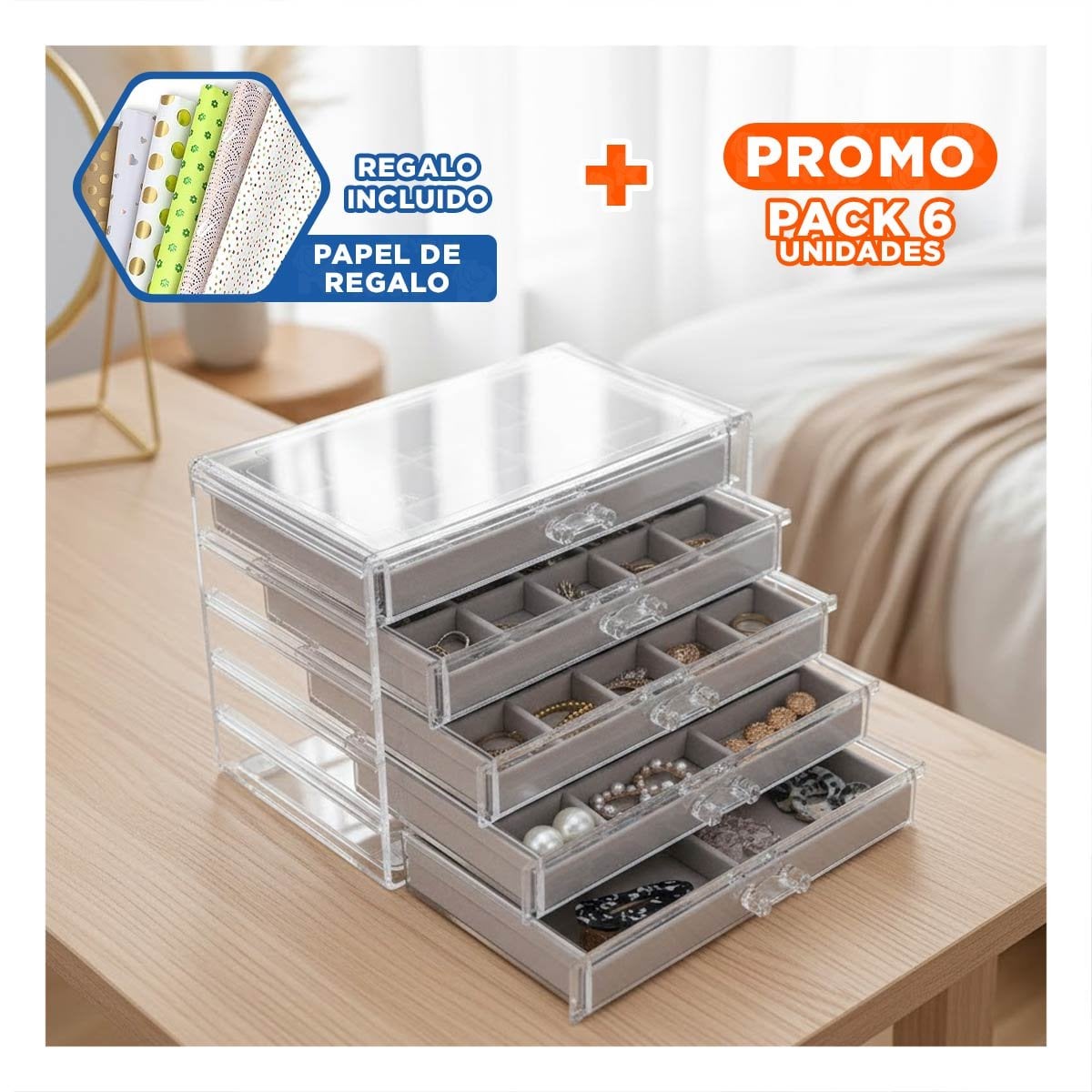 PACK6 BANDEJA 5 NIVELES PLOMO TERCIOPELO Y ACRILICO QUE PROTEGE JOYAS Y COLLARES Y+PAPEL REGALO - 1