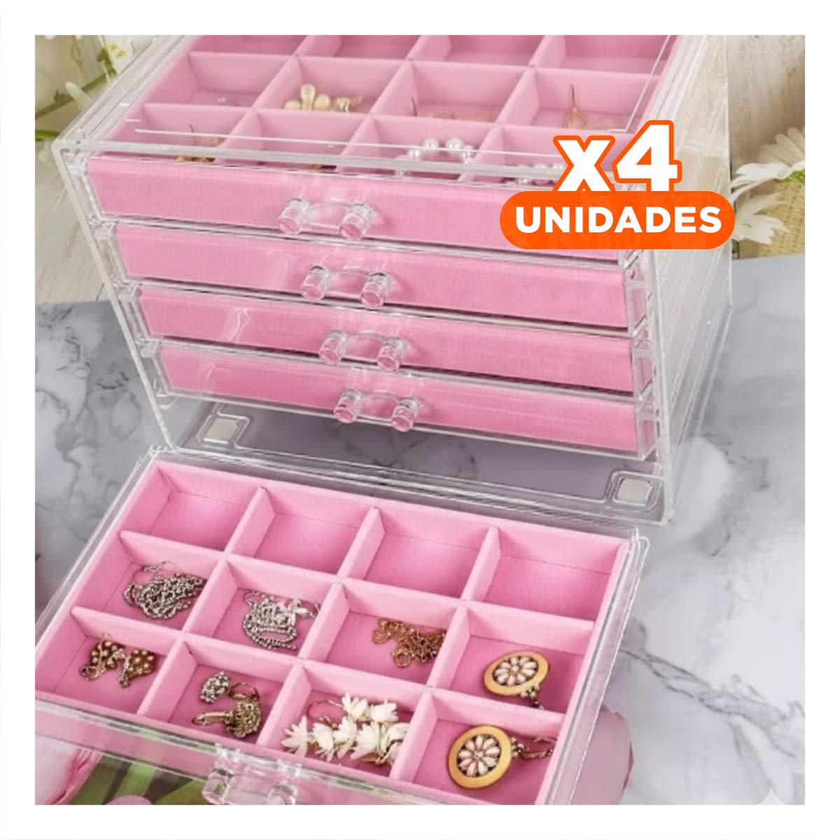 PACK4 BANDEJA 5 NIVELES ROSADO TERCIOPELO Y ACRILICO QUE MANTIENE JOYERIA ORGANIZADA - 1