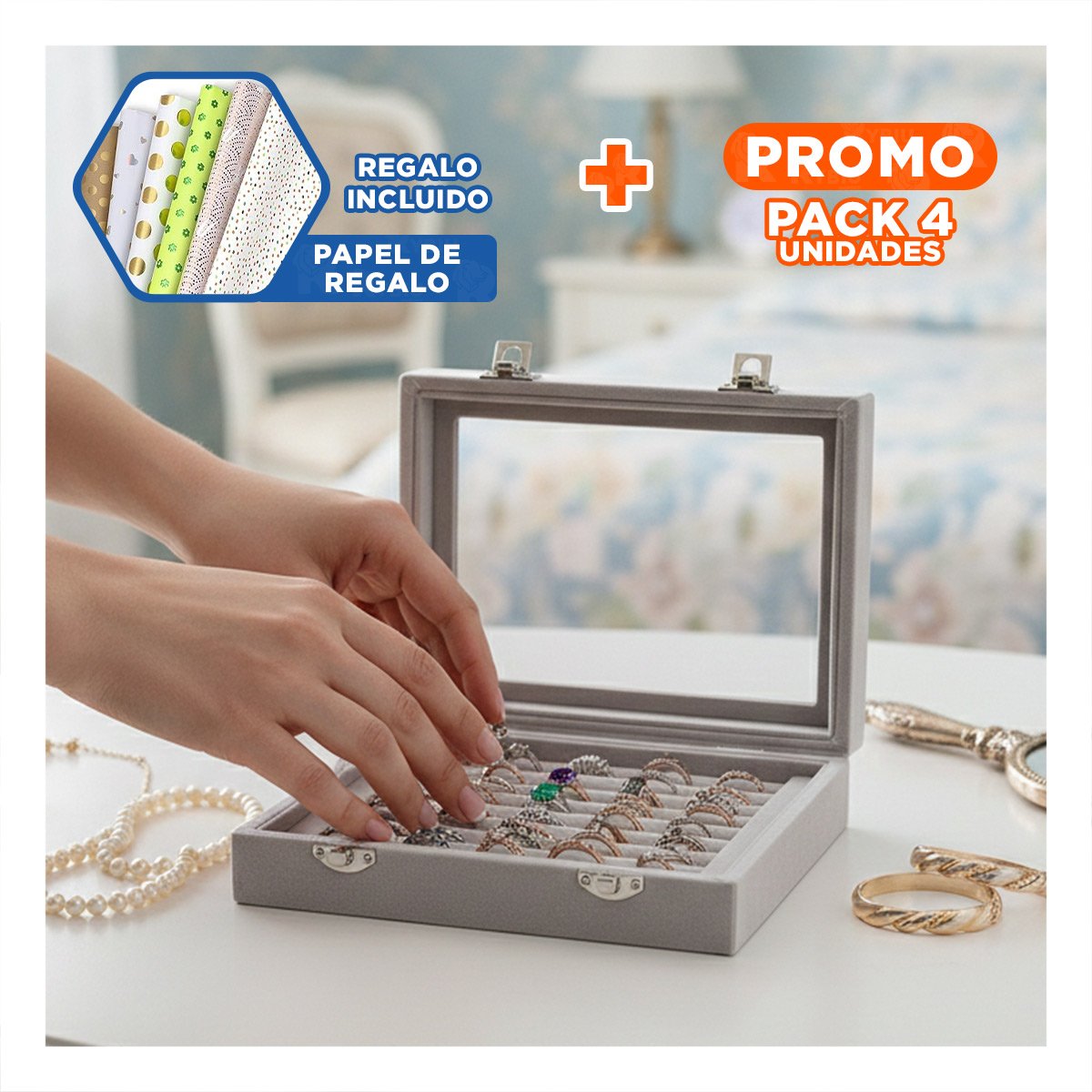 PACK4 BANDEJA COMODA DE 7 RANURAS PARA ANILLOS PLOMO CON INTERIOR SUAVE Y+PAPEL REGALO - 1