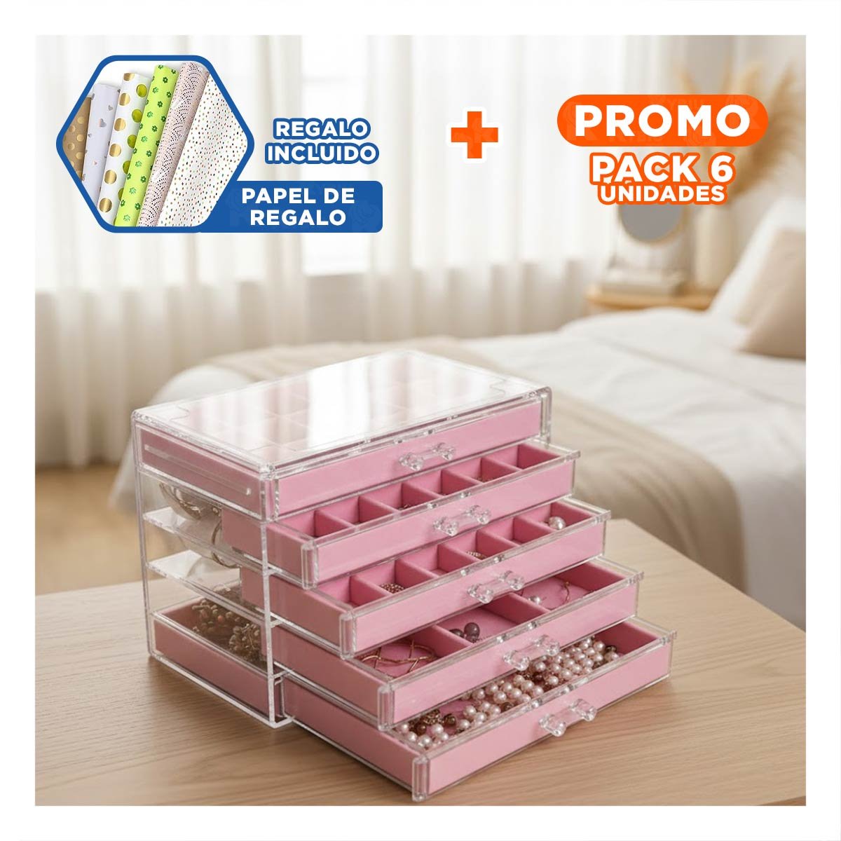 PACK6 SOPORTE ORGANIZADOR 5 NIVELES ROSADO DE TERCIOPELO Y ACRILICO Y+PAPEL REGALO - 1