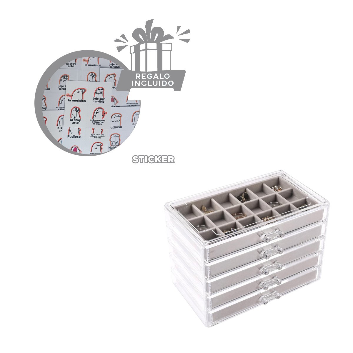 ORGANIZADOR 5 NIVELES PLOMO DE TERCIOPELO Y ACRILICO QUE CUIDA Y EXHIBE JOYAS Y+REGALO STICKER - 1