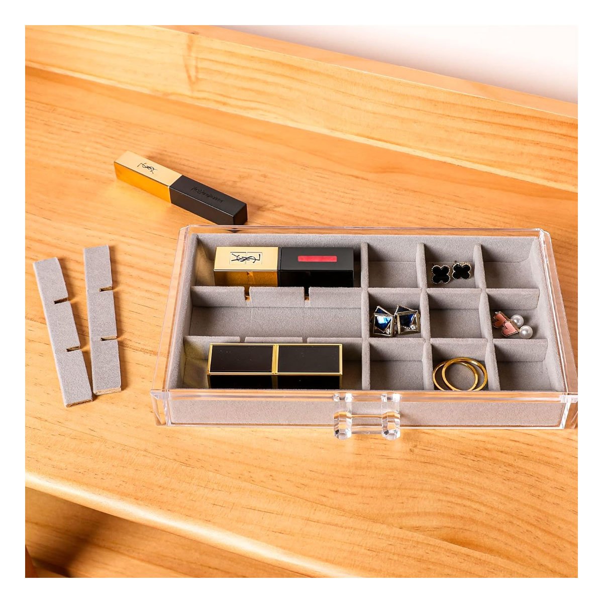 ORGANIZADOR 5 NIVELES PLOMO DE TERCIOPELO Y ACRILICO QUE CUIDA Y EXHIBE JOYAS Y+REGALO STICKER - 2