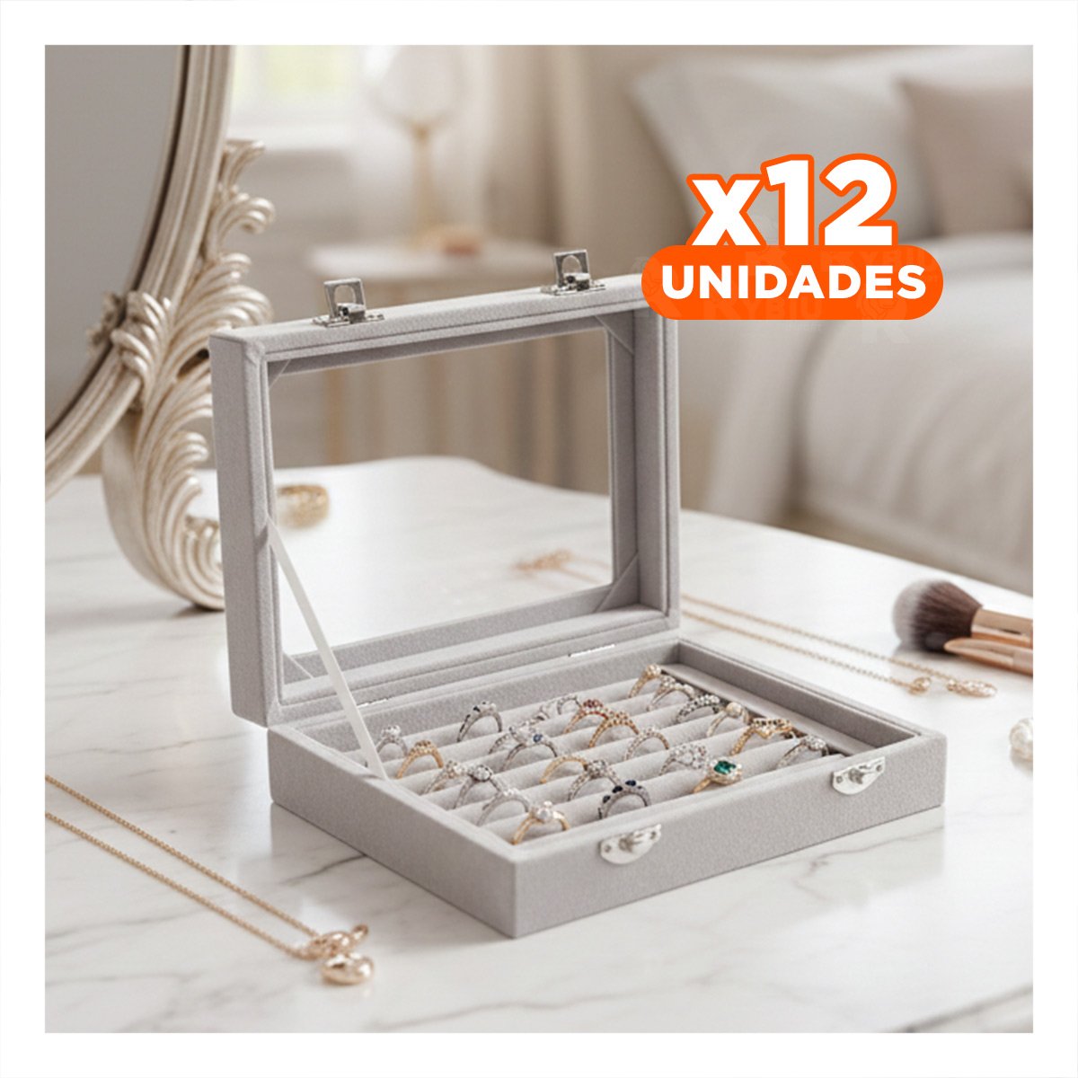 PACK12 DISPLAY COMODO DE 7 RANURAS PARA ANILLOS PLOMO CON INTERIOR FORRADO - 1