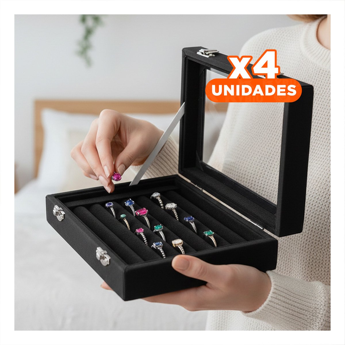 PACK4 BANDEJA ELEGANTE DE 7 RANURAS PARA ANILLOS NEGRO CON BASE ESTABLE - 1