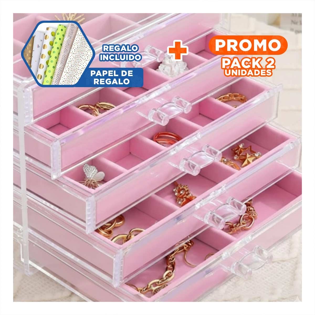 PACK2 BANDEJA 5 NIVELES ROSADO TERCIOPELO Y ACRILICO QUE PROTEGE JOYAS Y+PAPEL REGALO - 1