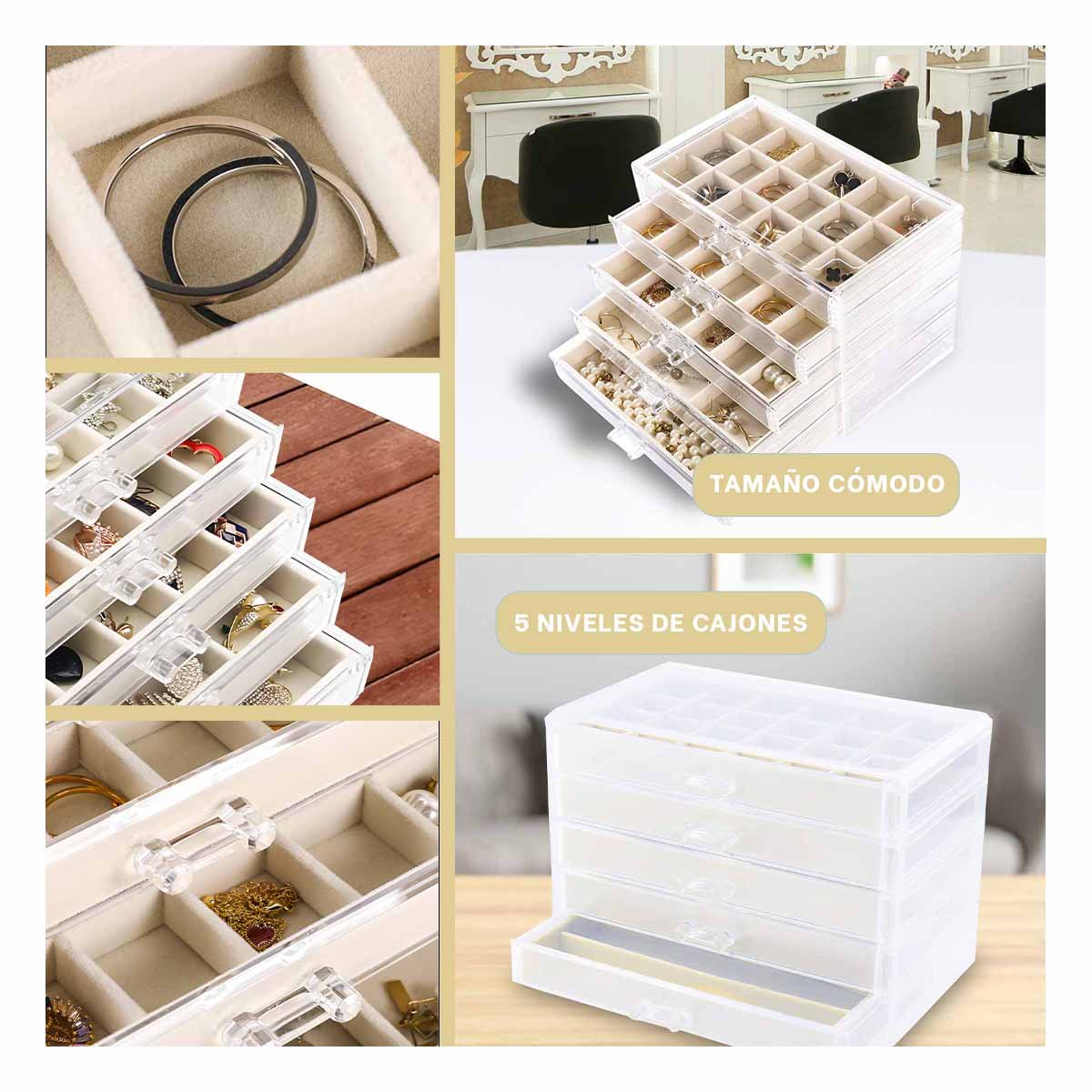 ORGANIZADOR 5 NIVELES BEIGE TERCIOPELO Y ACRILICO RESISTENTE Y COMODO PARA JOYAS Y+LIGAS REGALO - 5