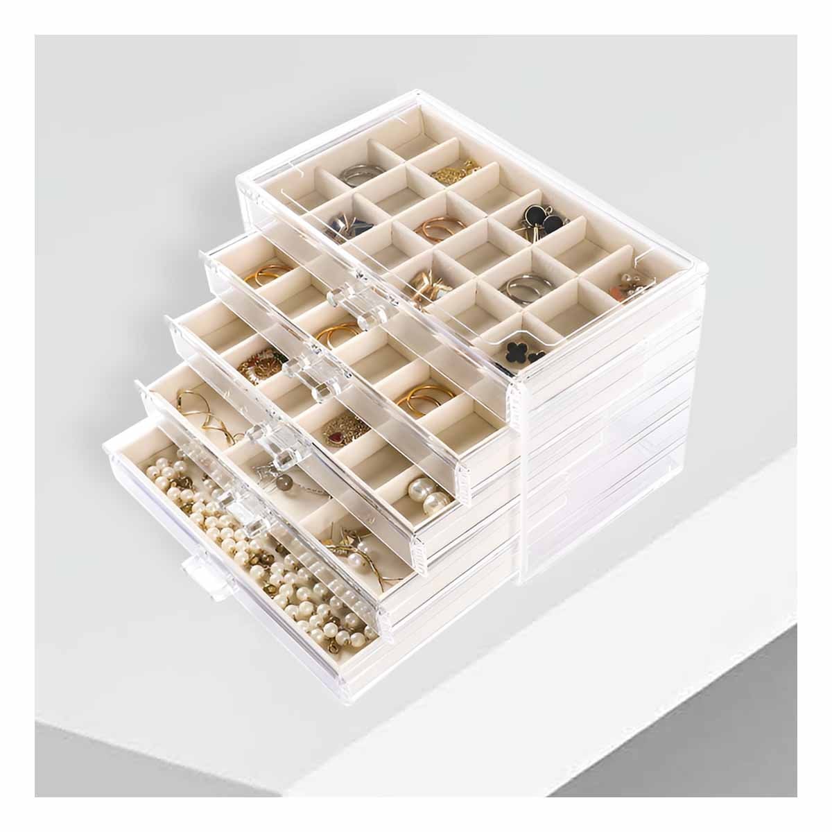 ORGANIZADOR 5 NIVELES BEIGE DE TERCIOPELO Y ACRILICO PARA COLLARES Y PULSERAS - 1