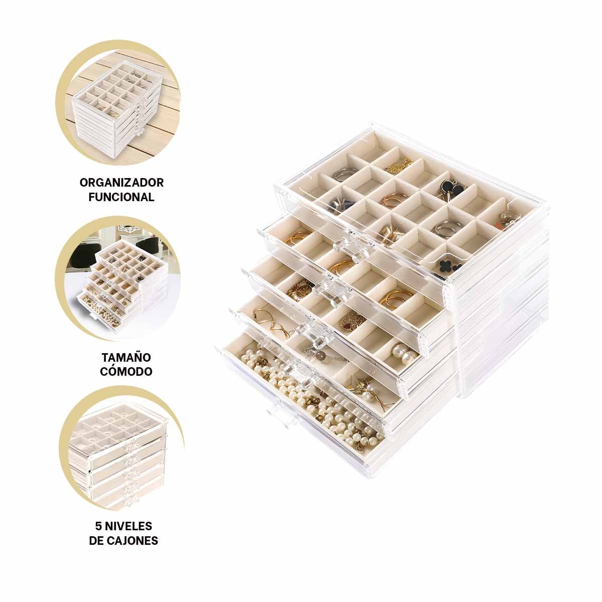 ORGANIZADOR 5 NIVELES BEIGE DE TERCIOPELO Y ACRILICO PARA COLLARES Y PULSERAS - 3