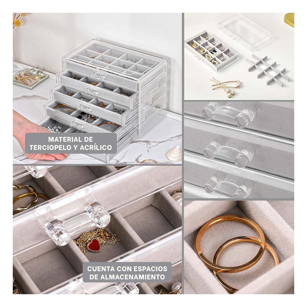 ORGANIZADOR 5 NIVELES PLOMO TERCIOPELO Y ACRILICO RESISTENTE Y COMODO PARA JOYAS Y+LIGAS REGALO - 5