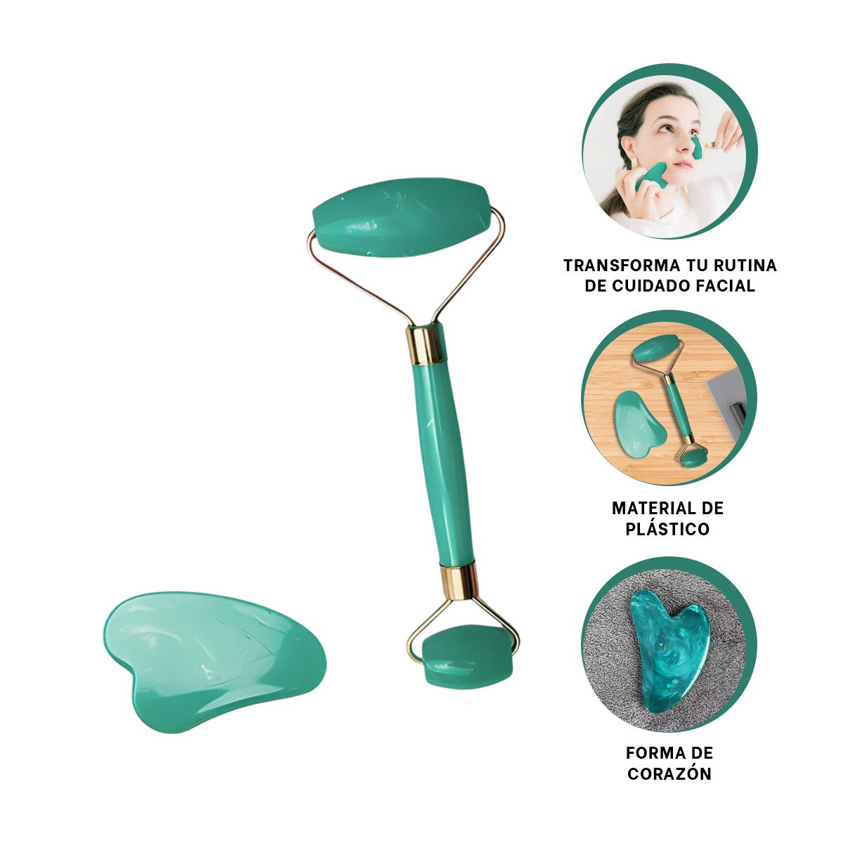 RODILLO FACIAL SET DE 2 VERDE AGUA DE PLASTICO PARA MASAJES Y CUIDADO DE LA PIEL - 3