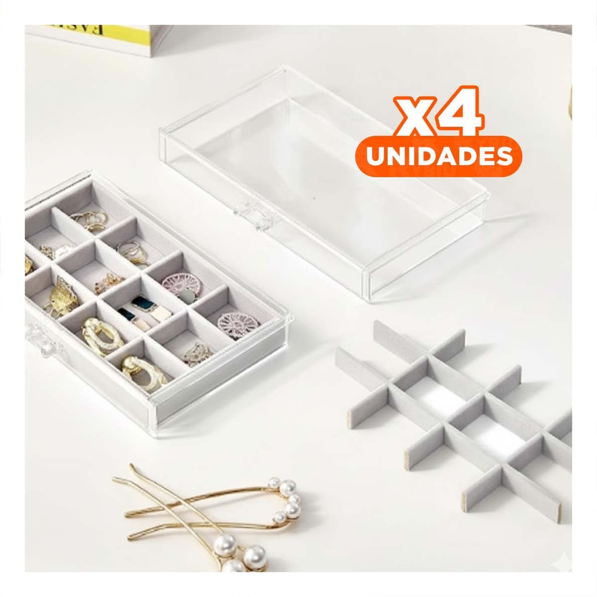 PACK4 EXHIBIDOR 5 NIVELES BEIGE DE TERCIOPELO Y ACRILICO QUE PROTEGE JOYAS DELICADAS - 1