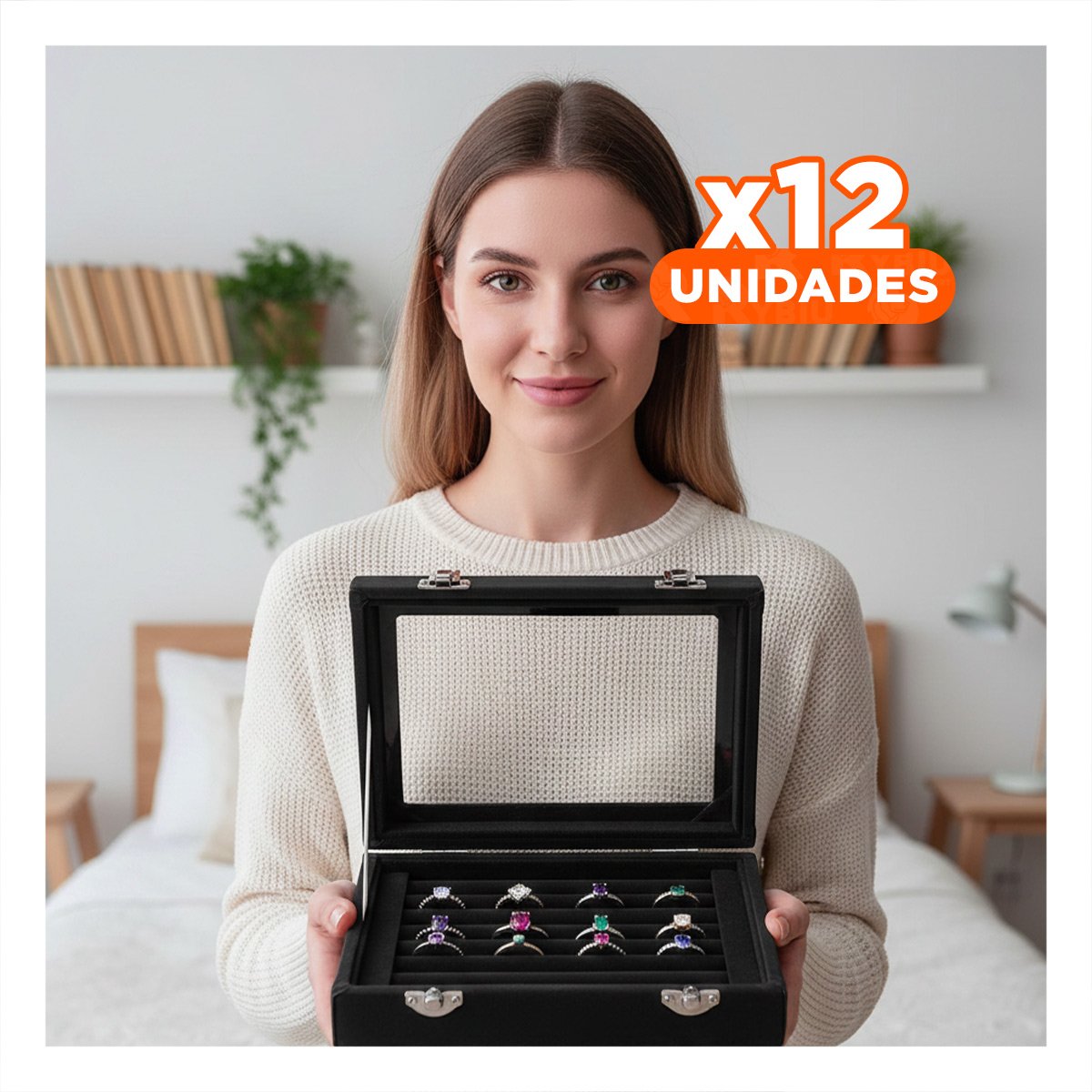 PACK12 DISPLAY COMODO DE 7 RANURAS PARA ANILLOS NEGRO CON INTERIOR FORRADO - 1