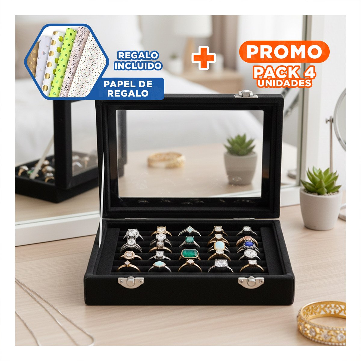 PACK4 BANDEJA COMODA DE 7 RANURAS PARA ANILLOS NEGRO CON INTERIOR SUAVE Y+PAPEL REGALO - 1