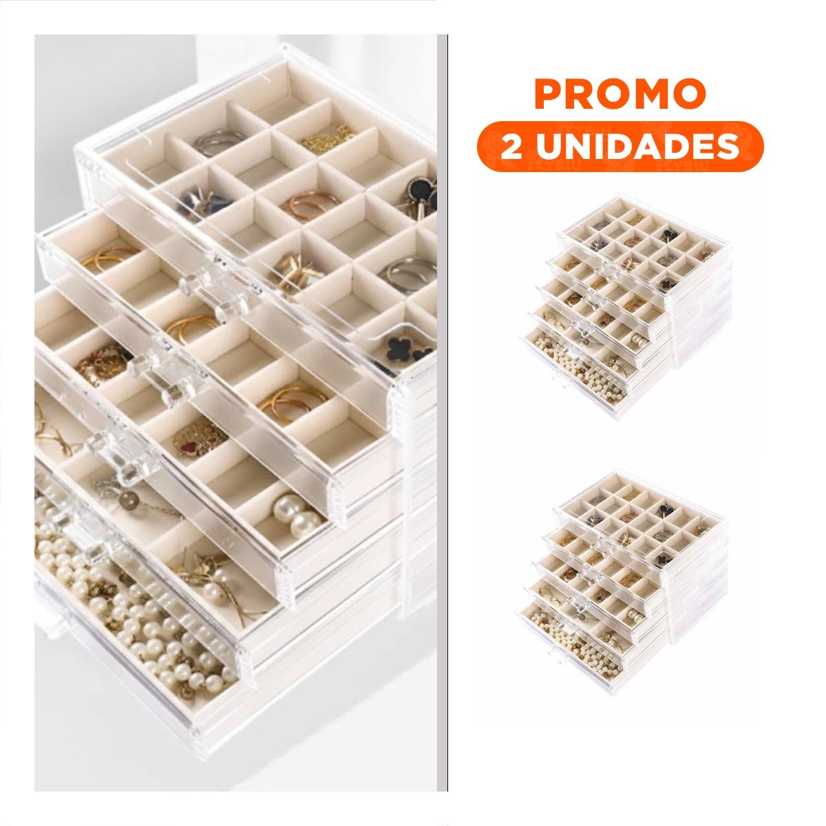 PACK2 CAJA 5 NIVELES BEIGE TERCIOPELO Y ACRILICO QUE MANTIENE JOYERIA PROTEGIDA - 1