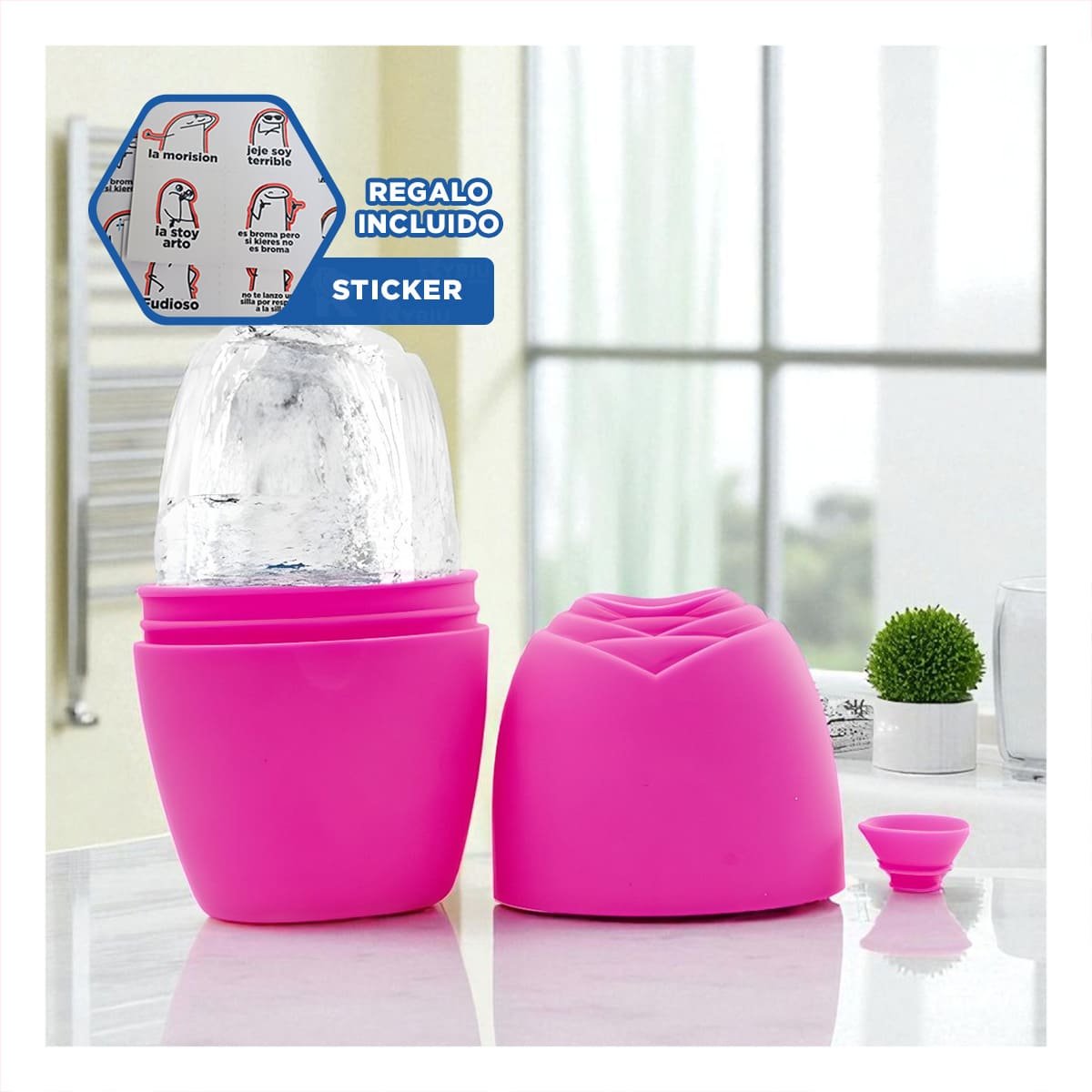 CONTENEDOR PARA RODILLO FACIAL DE HIELO FUCSIA RESISTENTE Y ELEGANTE Y+REGALO STICKER - 1