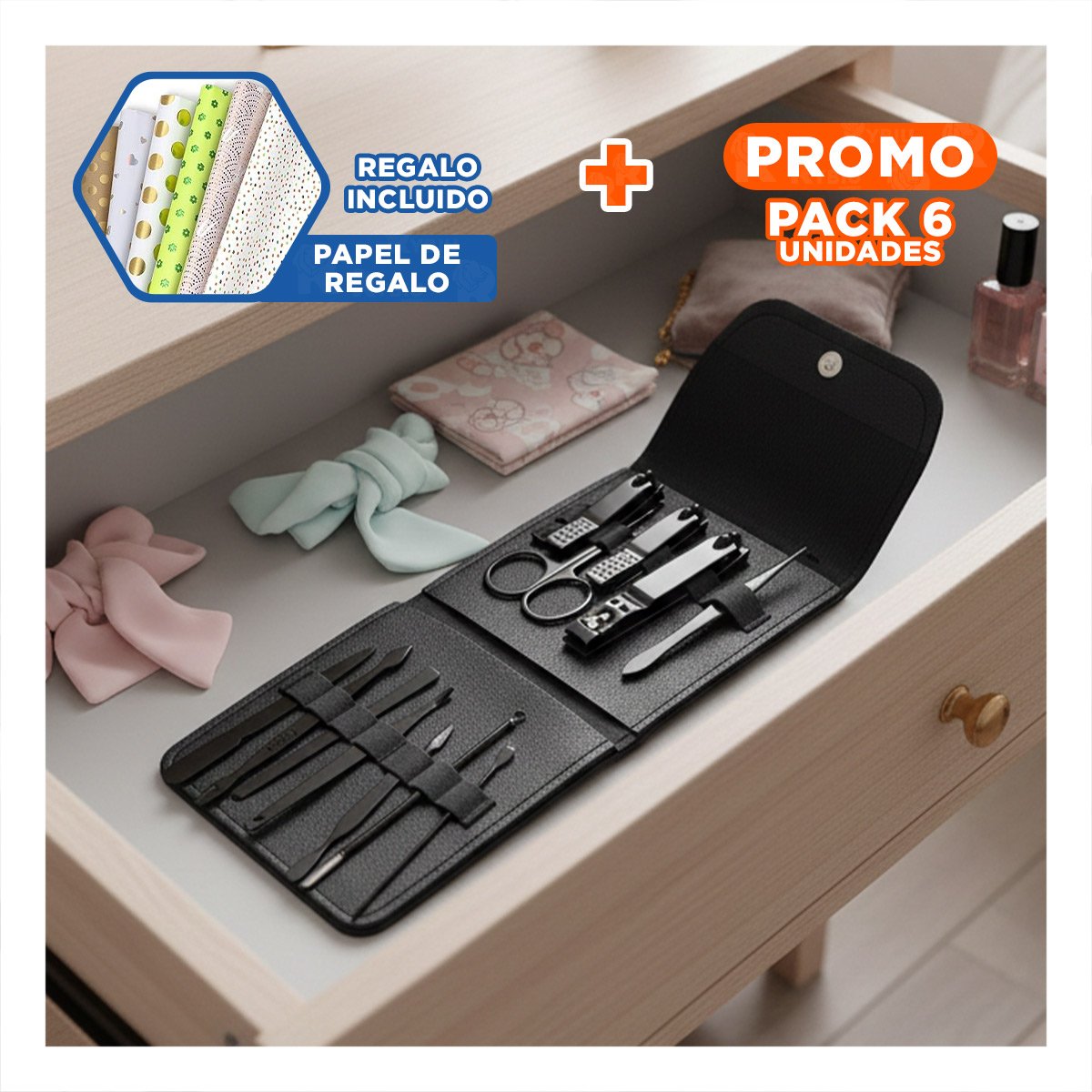 PACK6 BASE 12 PIEZAS MANICURE Y PEDICURE NEGRO ELEGANTE Y PRACTICA Y+PAPEL REGALO - 1