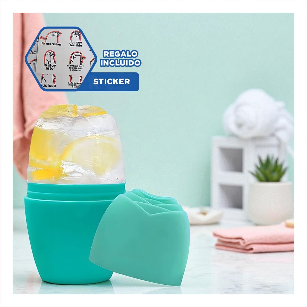 CONTENEDOR PARA RODILLO FACIAL VERDE AGUA RESISTENTE Y ELEGANTE Y+REGALO STICKER - 1