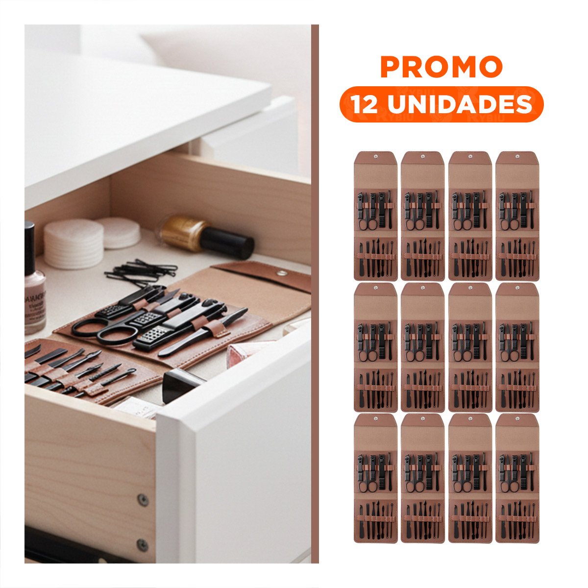 PACK12 ESTUCHE COMPACTO 12 PIEZAS MANICURE Y PEDICURE MARRON ELEGANTE Y+REGALO STICKER - 1