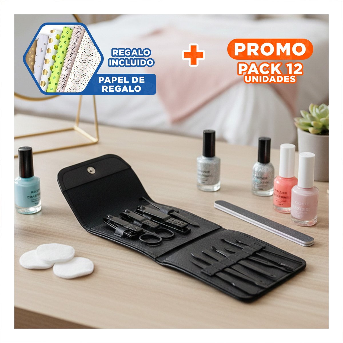 PACK12 BASE 12 PIEZAS MANICURE Y PEDICURE NEGRO PEQUENA Y ELEGANTE Y+PAPEL REGALO - 1