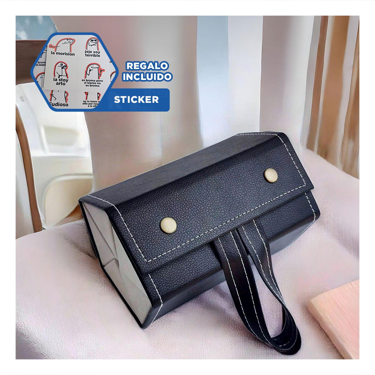 CAJA MODERNA DE LENTES NEGRO PENTAGONO CON BASE ESTABLE Y SEGURA Y+REGALO STICKER - 1